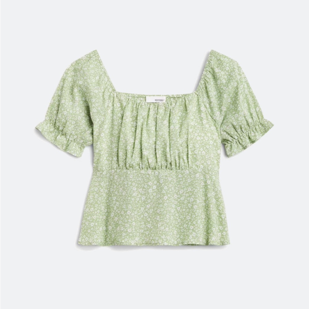 Heatherly light green square neck floral blouse, NWT, size M
